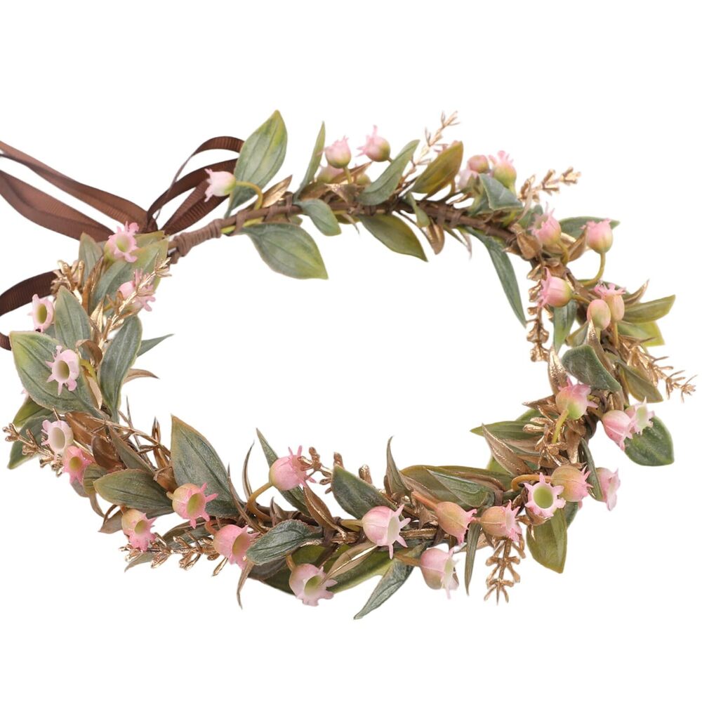 9763 Pink Flower Crown Headband - Adjustable Golden Green Leaf Floral